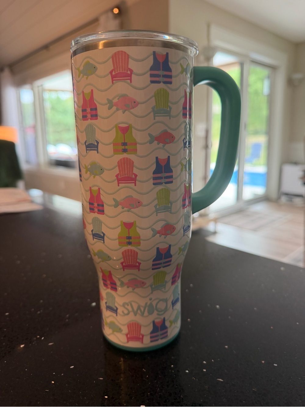 Swig Life Teal Handle Insulated Tumbler with Life Jacket & Fish Print